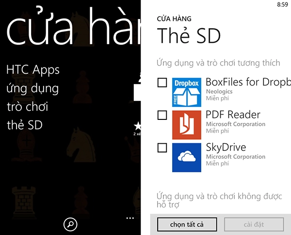 Cài đặt ứng dụng từ thẻ microsd lên wp 8