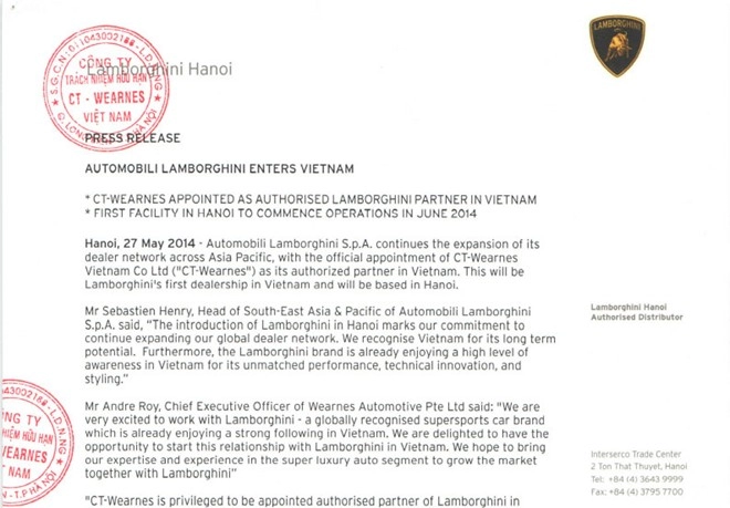 Lamborghini chính thức công bố đại lý tại việt nam