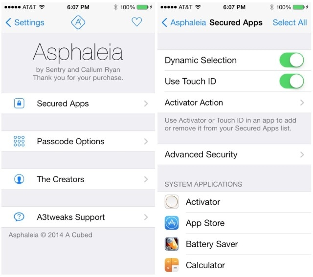 Asphaleia tweak cho phép dùng touch id để khóa ứng dụng bất kì