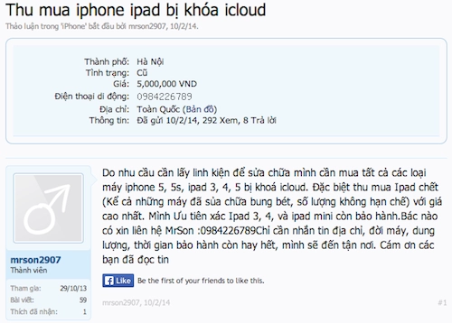 Iphone 5s ipad air bị dính icloud được thu mua giá 5 triệu