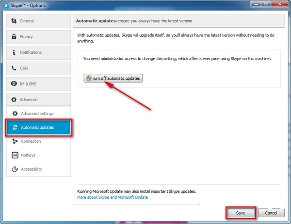 Tắt tính năng tự động update của skype