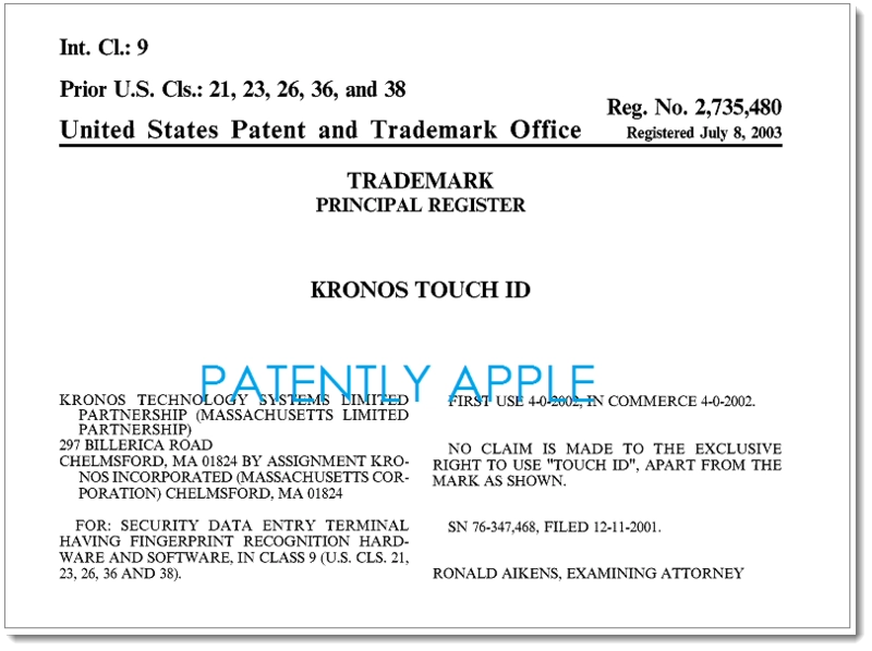 Uspto từ chối cấp bằng phát minh cho công nghệ touch id của mỹ vì trùng tên