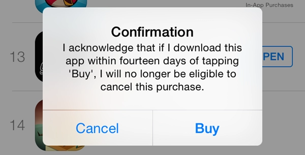 Appstore cho phép trả lại ứng dụng đã mua trong vòng 14 ngày