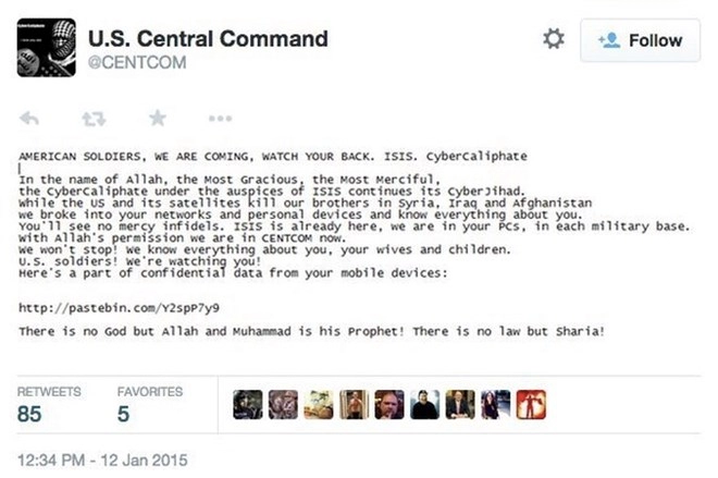 Tin tặc thân is chiếm tài khoản twitter của bộ chỉ huy trung tâm mỹ