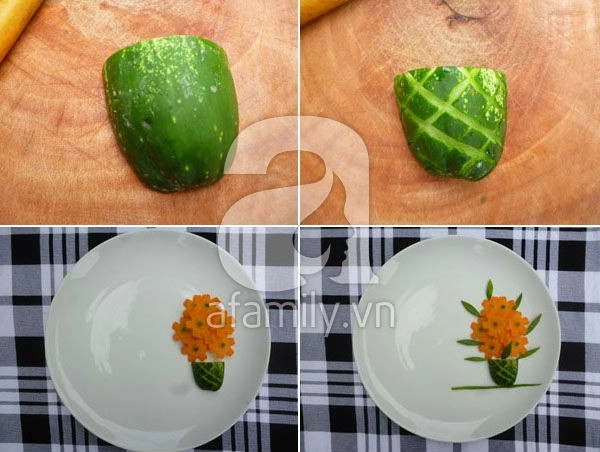 5 kiểu trang trí đĩa ăn cực đẹp từ 2 cách cắt tỉa dưa leo cà rốt