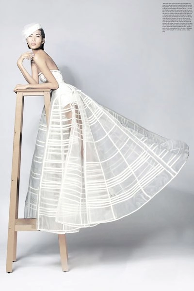Hoàng thùy mặc váy làm từ lưới và gọng nhựa