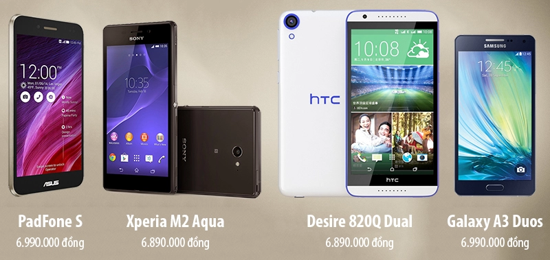So sánh cấu hình android giá 7 triệu padfone s - xperia m2 aqua - desire 820q dual - galaxy a3 duos