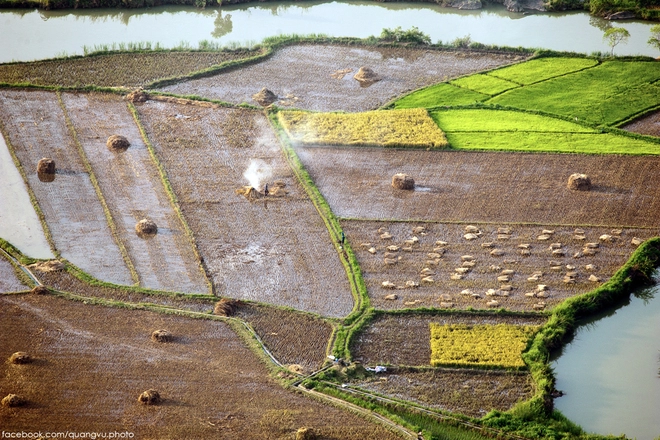 tấm thổ cẩm trên cánh đồng mới gặt ở bắc sơn