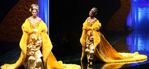 Váy của rihanna được làm từ chỉ vàng lông cáo