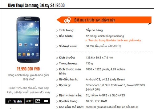 Galaxy s4 chính hãng tại việt nam có giá 1599 triệu đồng