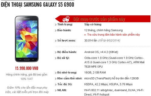 Galaxy s5 bán ở việt nam 114 giá chính hãng 159 triệu đồng