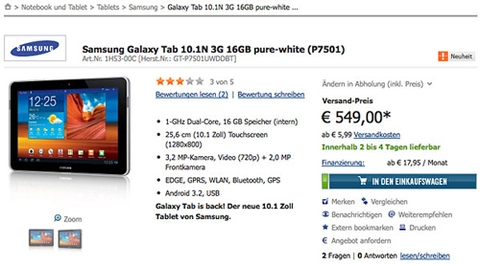 Galaxy tab 101 thay thiết kế để được bán tại đức