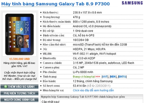 Galaxy tab 89 đã bán giá 135 triệu