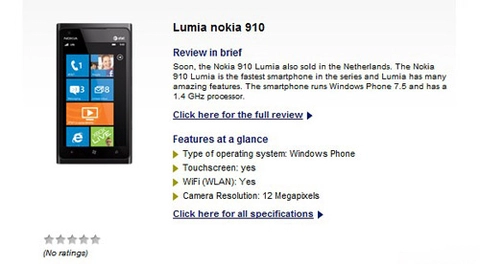 Nokia lumia 910 lộ trên website bán hàng tại hà lan