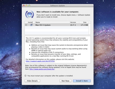 Os x lion được cập nhật lên bản 1071