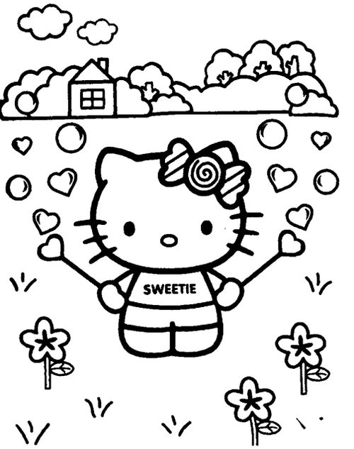 Tranh tô màu mèo kitty giữa vườn hoa