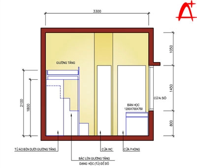 Bố trí phòng trẻ con 33 x 37 m