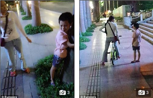 Mẹ đơn thân xích con vào xe đạp để kéo về nhà