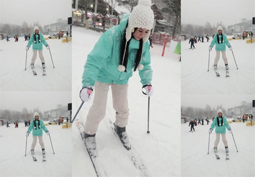 Ngọc hân cùng bố mẹ say mê trượt tuyết