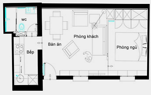 Bố trí nội thất khép kín trong căn nhà 32 m2