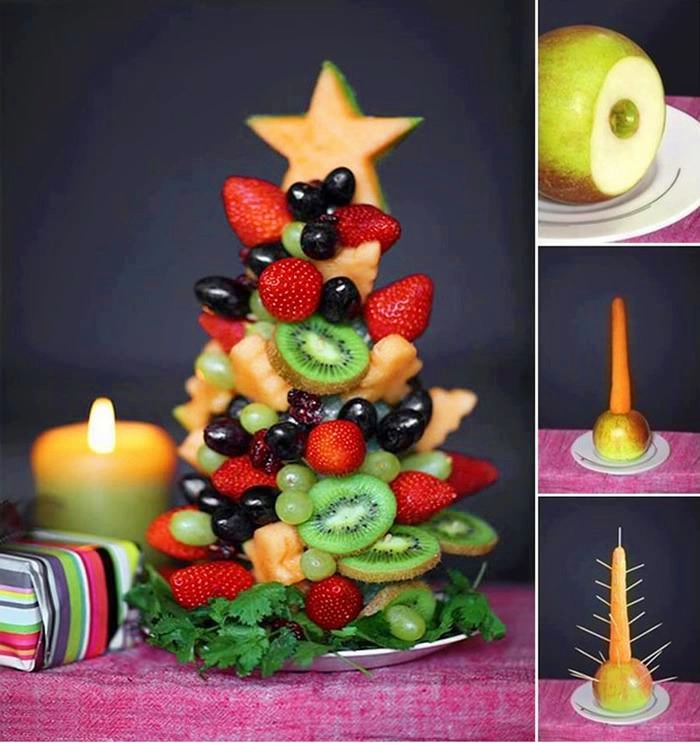 Những cách trang trí hoa quả bánh kẹo hình cây thông noel cho bé