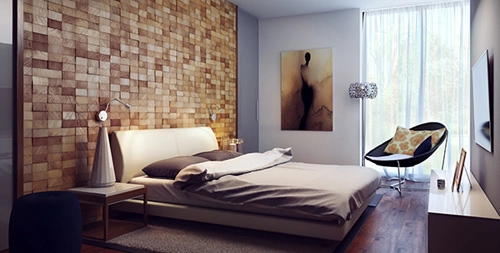 Phòng ngủ ấm cúng với tường ốp gỗ