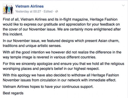 Vietnam airlines xin lỗi vì ảnh áo dài in hình chùa thiêng myanmar