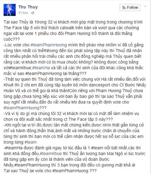 Thu thủy lên tiếng về việc giám khảo bị mua chuộc tại the face