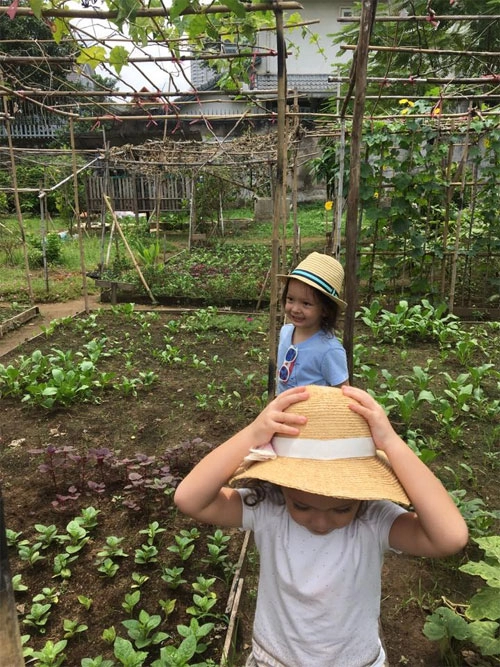 Hai con hồng nhung thích thú khám phá công việc làm vườn