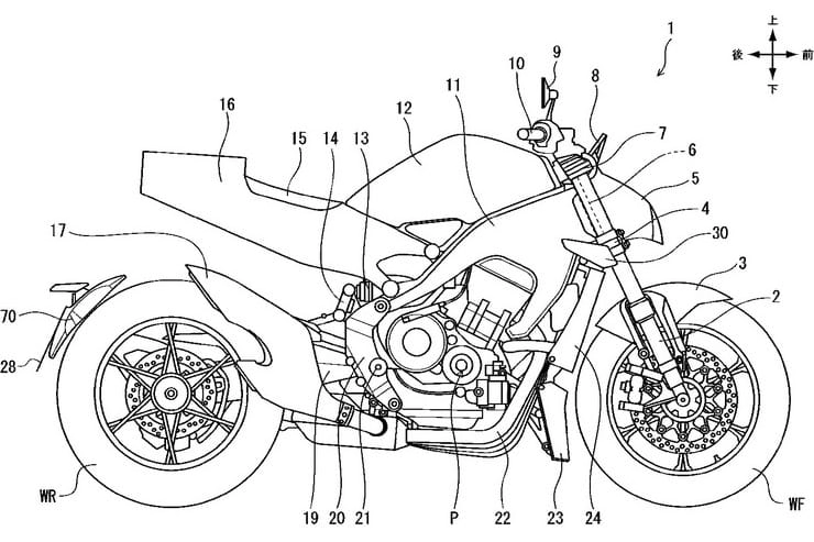 Lộ diện bằng sáng chế honda cb1000r 2024 với khung động cơ cánh gió mới