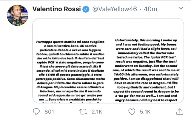 Valentino rossi loại khỏi aragon gp sau khi dương tính với covid-19