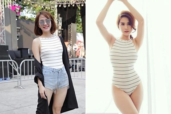 Cùng một set đồ bikini ngọc trinh khoe dáng quyến rũ còn minh hằng diện hẳn ra phố