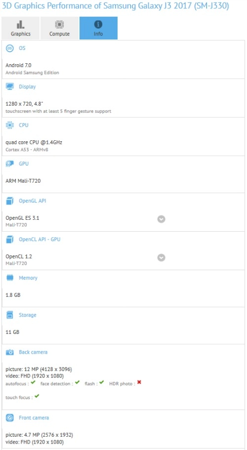Galaxy j3 2017 lộ toàn bộ cấu hình trên gfx bench