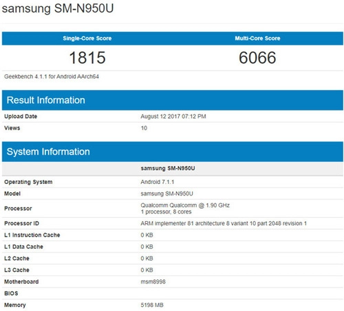 Galaxy note 8 lộ điểm chuẩn chạy snapdragon 835