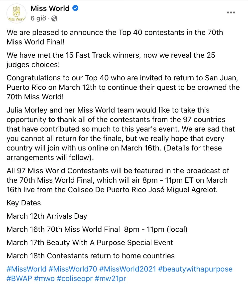 Miss world công bố top 40 đỗ thị hà chuẩn bị quay lại peurto rico giành vương miện hoa hậu