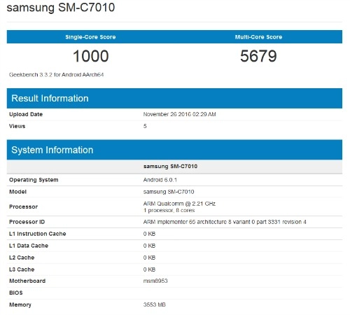 Samsung galaxy c7 pro lộ thông số trên geekbench