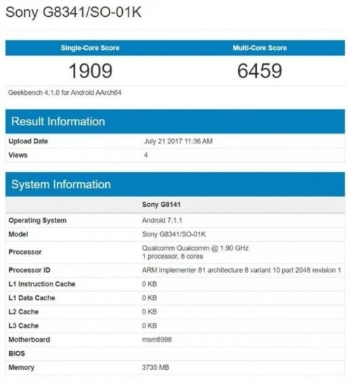 Sony xperia xz1 lộ điểm hiệu năng tích hợp chip snapdragon 835