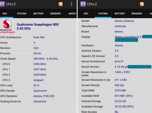 Xác nhận nexus 6 dùng chip cpu-z