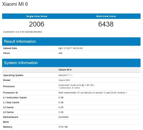 Xiaomi mi 6 vượt mặt galaxy s8 trên bài kiểm tra hiệu năng geekbench