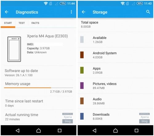 Xperia m4 aqua bản 8gb chỉ có 126gb bộ nhớ trống