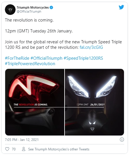 Triumph công bố speed triple 1200 rs 2021 mới vào cuối tháng 1