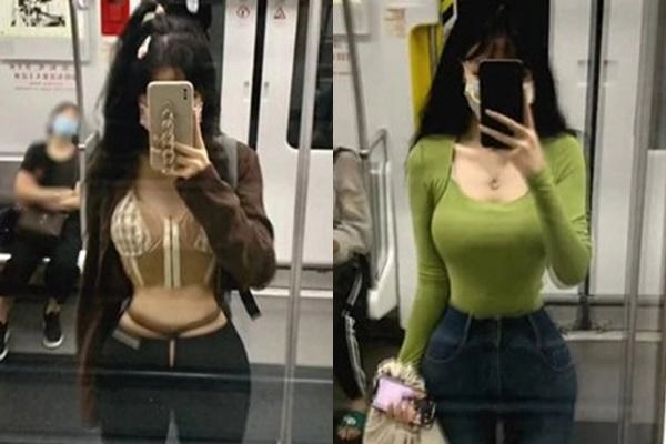 Chụp ảnh trên tàu điện ngầm cô gái này nổi như cồn vì chiếc áo lộ vòng eo vô thực
