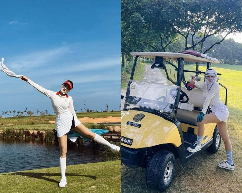 Từng bị hoa hậu tung ảnh dìm hotgirl tài sản 50 tỷ giờ đi golf khư khư miếng dán trên mặt