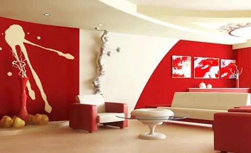 Phòng khách cá tính với tông màu trắng đỏ