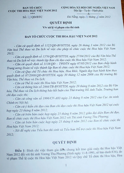 Vương thu phương bị đình chỉ thi hoa hậu